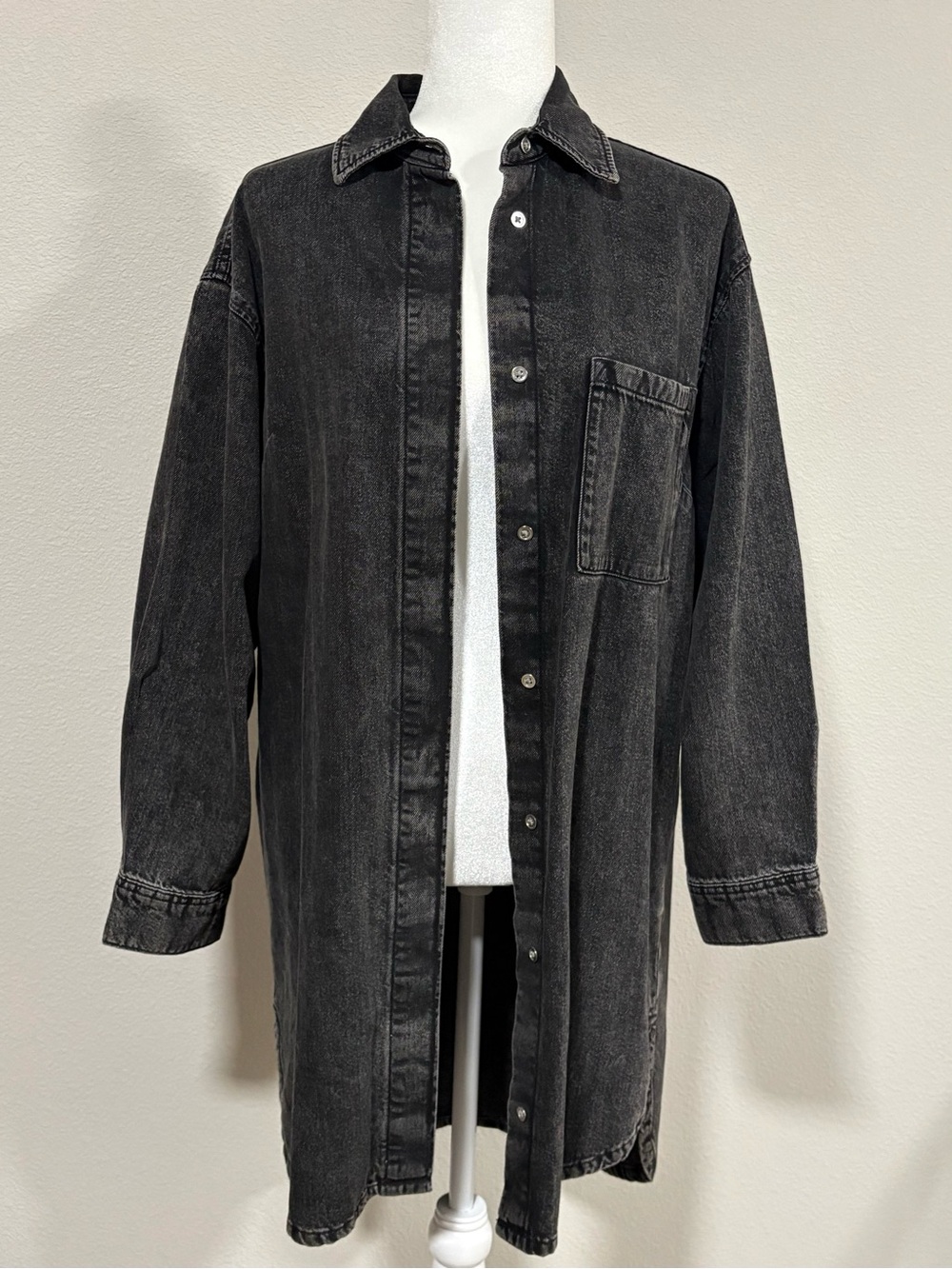 H&M Women’s Black Washed Denim Oversized Long Shirt Jacket